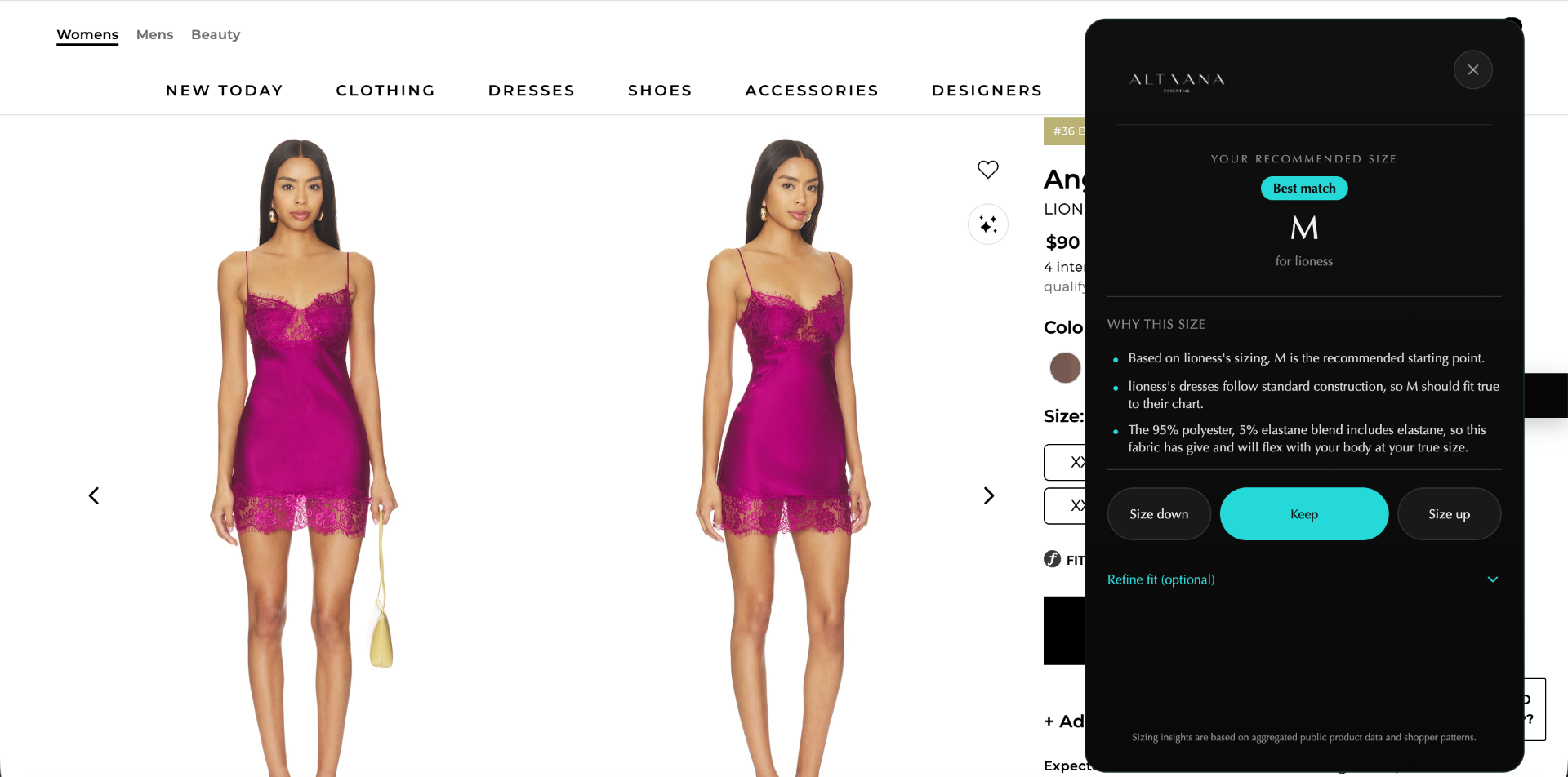 ALTAANA extension panel shown on a product detail page, recommending size M for a lioness dress.