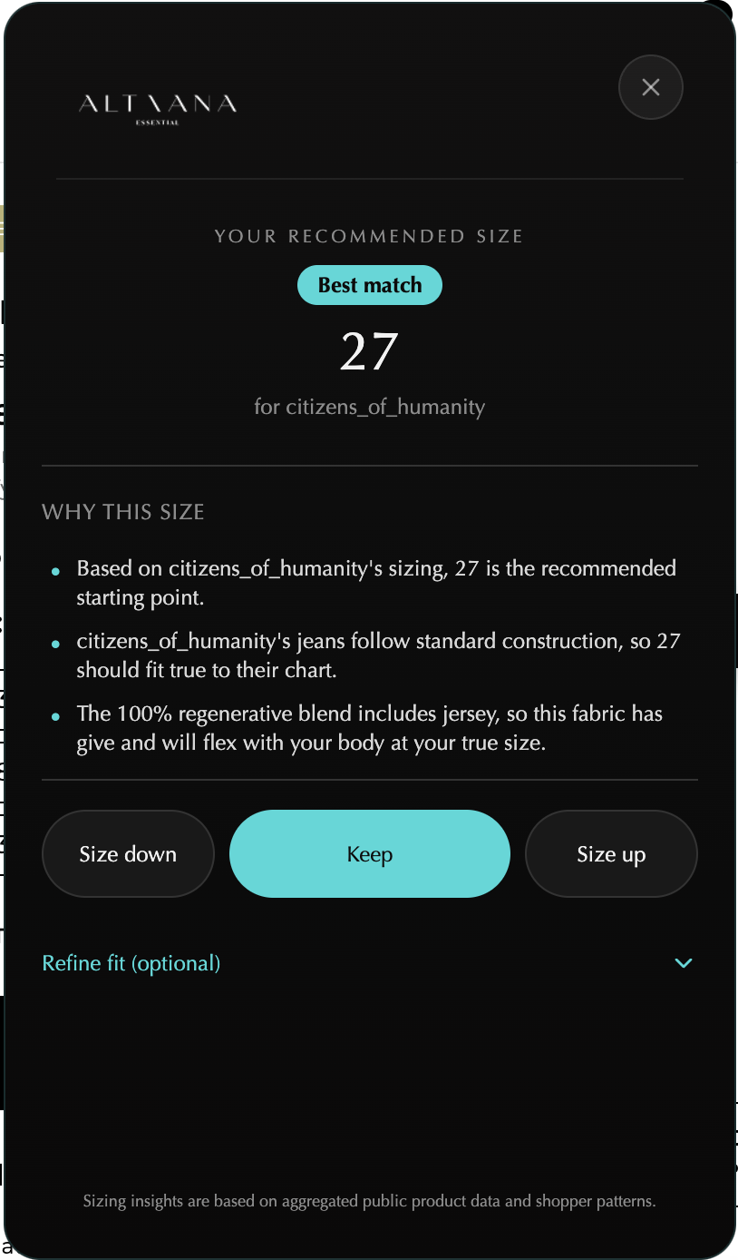 ALTAANA extension panel showing a size recommendation for citizens of humanity.