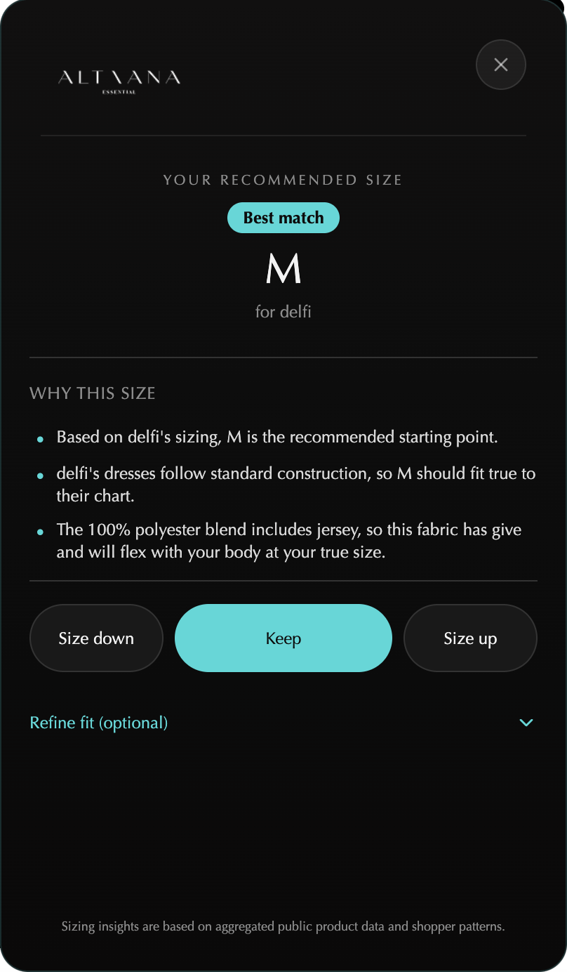 ALTAANA extension panel showing a size recommendation for delfi.