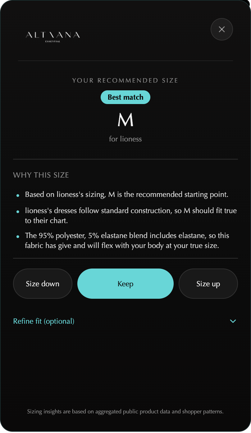 ALTAANA extension panel showing a size recommendation for lioness.